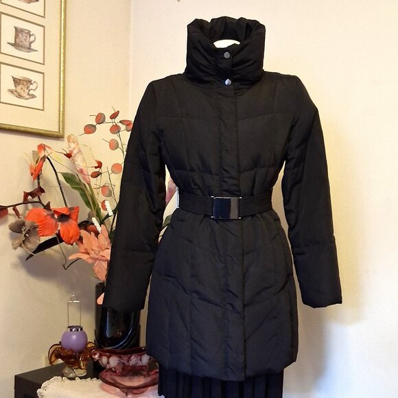 Preowned Zara Basic Black Warm Puffer Coat with Belt Windproof Outerwear - Picture 1 of 14